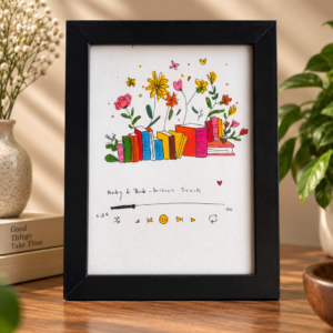 Floral Books & Music Track Illustrated - Framed Handmade Painting