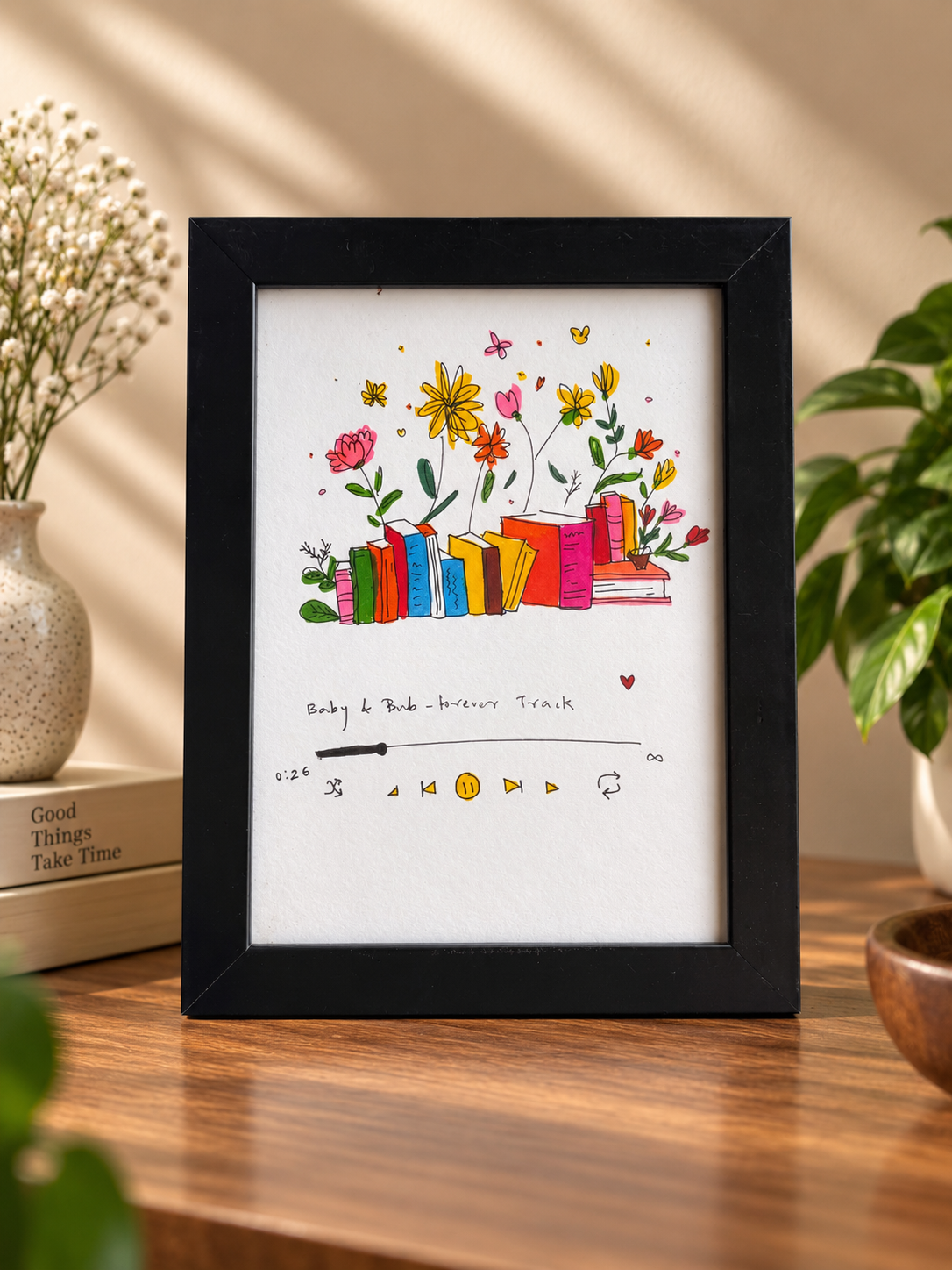 Floral Books & Music Track Illustrated - Framed Handmade Painting