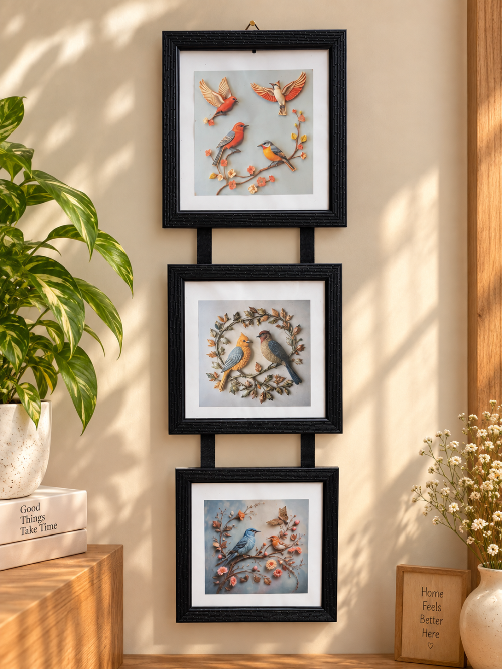 Elegant Birds & Blossom 3-Piece Vertical Photo Frame Set